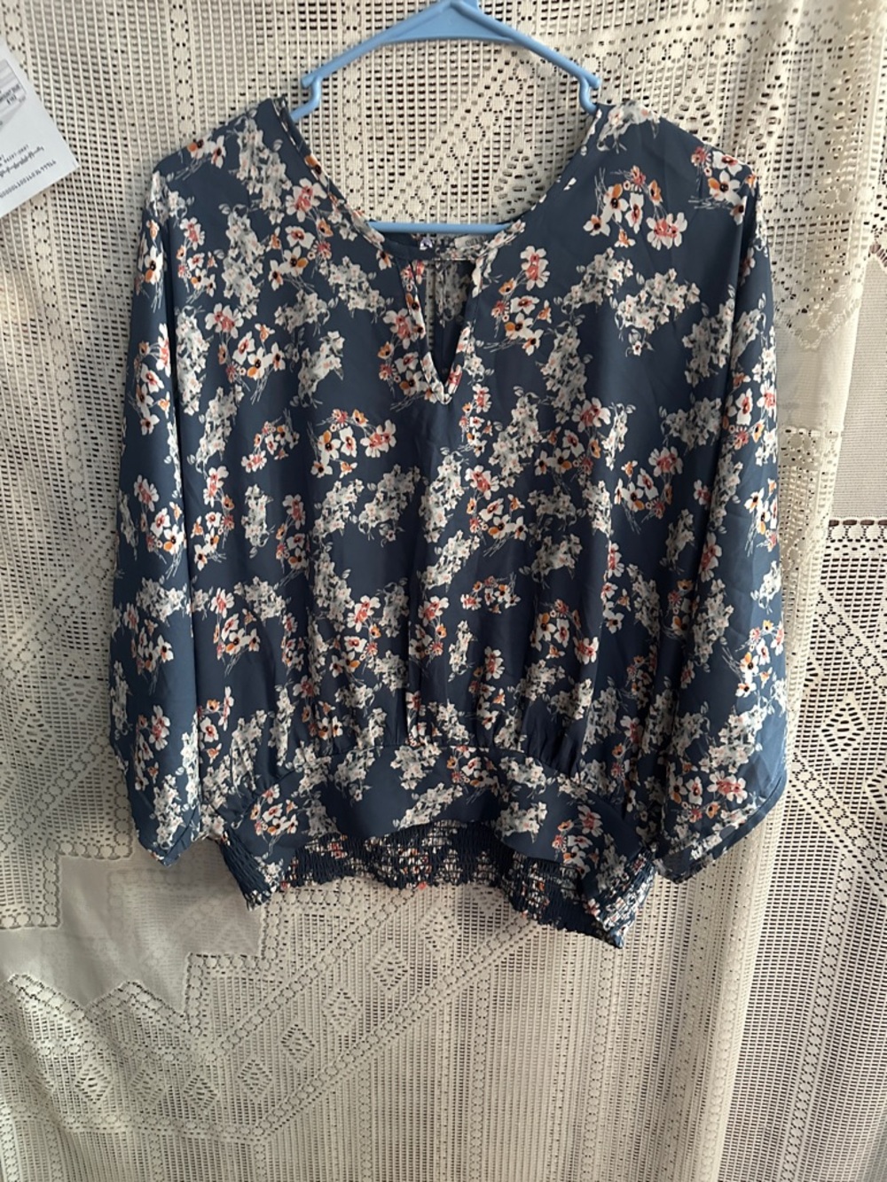 Sienna Sky Navy Floral V-Neck Elastic-Hem Blouse